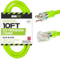 Iron Forge Cable Weatherproof 10 Ft Outdoor Extension Cord Neon Green - 12/3 SJTW 15 Amp Heavy Duty Light Green High Visibility Cable with 3 Prong - Lighted End