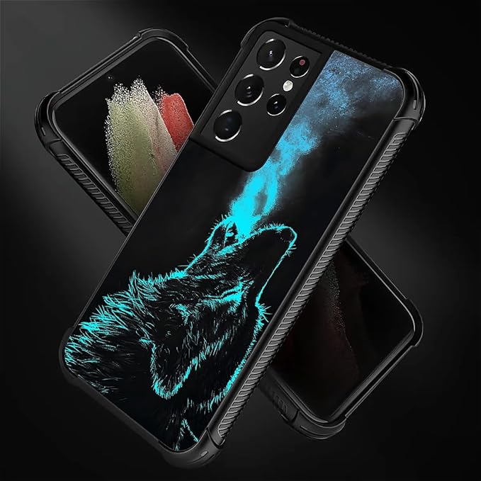 for Samsung Galaxy S21 Ultra Case, Blue Breathing Wolf Pattern Graphic Design Girl Boy Soft Silicone Hard Acrylic Shock Protection for Samsung Galaxy S21 Ultra