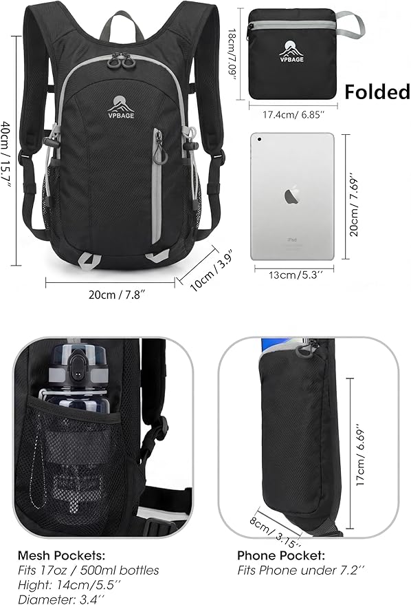 Foldable Small Hiking Backpack with 3 Strap Pockets – Lightweight 300D Spill-proof Daypack for Men Women – Packable Small Travel Backpack with Chest Strap & Trekking Pole Holder – Durable Outdoor Bag