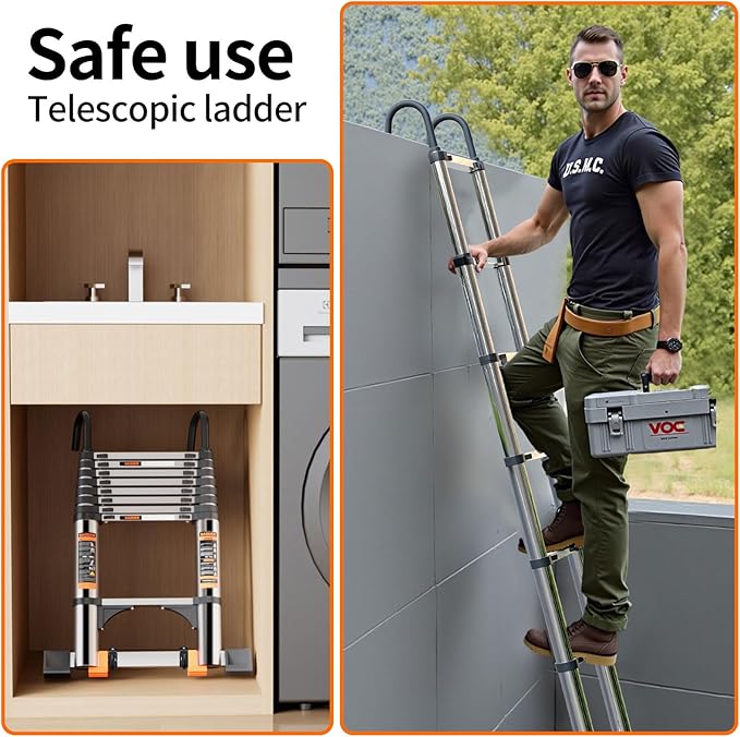 Telescoping Ladder,with Stable Hook and stabilizer barand,Extension Ladder, Heavy Duty 330lbs Max Capacity, Multi-Purpose Collapsible Ladder for RV or Outdoor Work (16.5FT/5.1M)