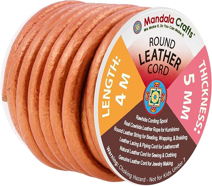 Mandala Crafts Round Genuine Copper Leather Cord for Jewelry Making – 5mm Cowhide Leather Rope String Lace for Kumihimo – 4.4 Yards Cowhide Craft Cording Spool