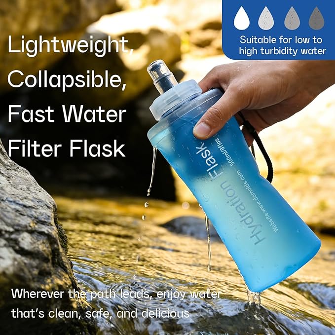 GUYI 500ml Collapsible Water Filter Bottle, Removes Impurities, BPA Free, Ultralight for Hiking, Camping, Cycling & Travel-Blue