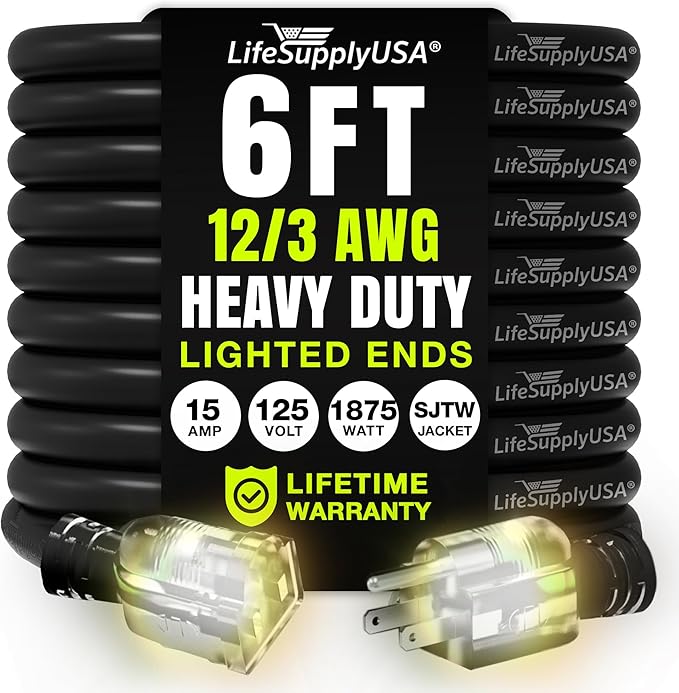 6ft Outdoor/Indoor Extension Cord 12/3 Gauge Extra Heavy Duty 3 Prong SJTW, Waterproof, Flexible Cold-Resistant Long Power Cord,15A 125V 1875W, Black by LifeSupplyUSA