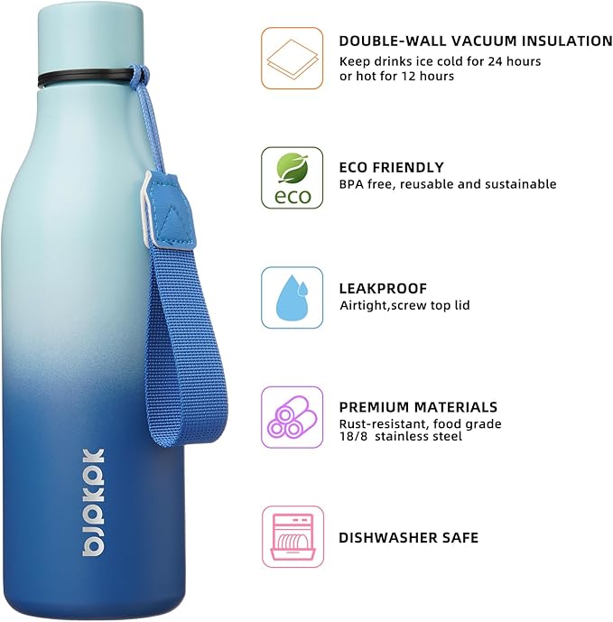 BJPKPK Insulated Water Bottles, 18 oz Stainless Steel Metal Water Bottle with Strap, BPA Free Leak Proof Jugs, Mugs, Flasks, Reusable Thermal Flasks for Sports & Travel, Sky