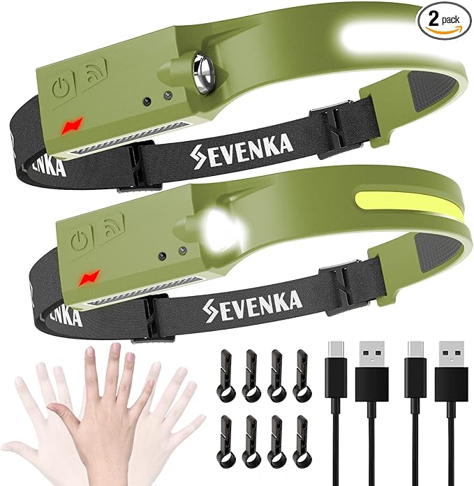 SEVENKA 2 Rechargeable Headlamps, Bright LED Headlamp Flashlight, 230° Wide Beam & Spot Light, 1000 Lumen, Sensor Mode, 2.4oz Lightweight Head Lamp with Clips for Hardhat, Camping