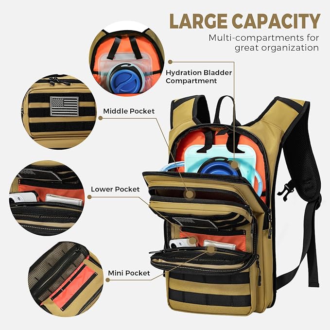 Koculemi Tactical Hydration Backpack with 2L Water Bladder and Front Small Tactical Pouch, Outdoor Water Backpack for Men Women, Sports Hydration Pack for Hiking, Cycling, Climbing
