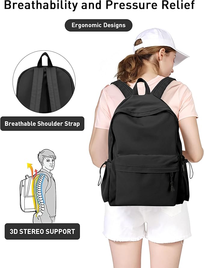 BJLFS Black School Backpack for Girls Women, Waterproof High School Book Bag Cute Backpack for Men Teens Boys, Small Lightweight Simple Basic Middle School Back Pack Daypack Mochilas Escolares para