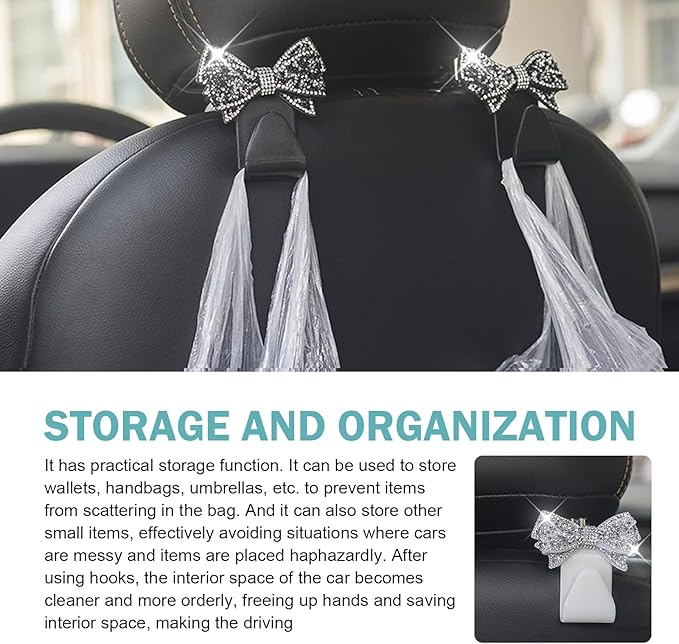 2 PCS Bling Bow Car Seat Headrest Hooks, Cute Rhinestone Bow Car Seat Back Storage Decor Hook, Multi-Purpose Rear Hanger Holder for Bags, Purse, Clothes (White)