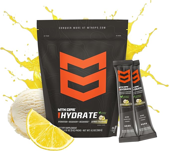 MTN OPS Hydrate Low Sugar Electrolyte Powder Drink Mix with 1g D-Ribose Sugar, Naturally Sweetened with Monk Fruit, On-The-Go Packs, 20 Stick Packs, Citrus Italian Ice