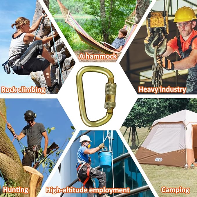 DEKABR Carabiner Heavy Duty, 45KN Twist Lock Steel Auto Locking Climbing Carabiner for Rock and Tree Climbing, Camping, Rappelling, Rescue and Mountaineering – ANAB Certified, Large, Gold