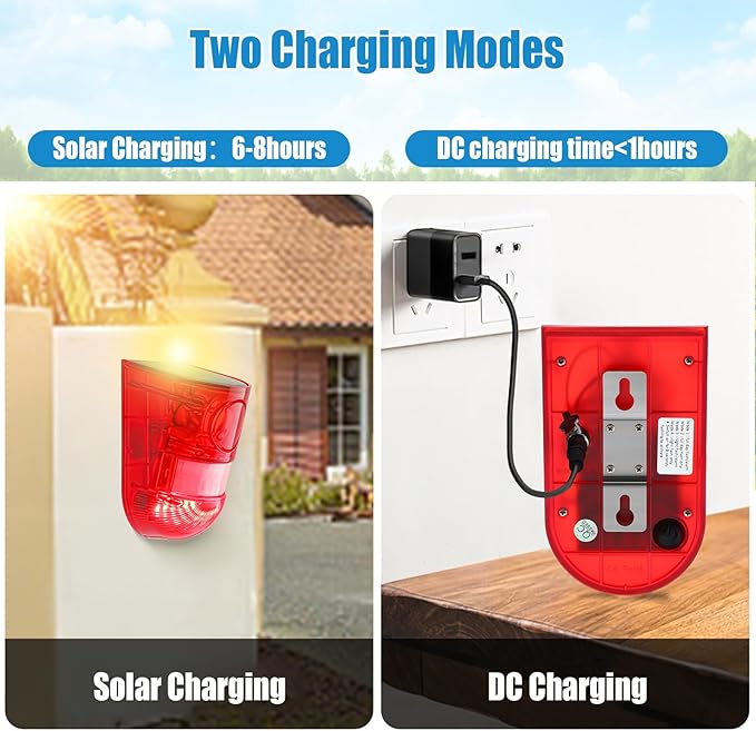 Qualirey Solar Sound and Light Alarm Motion Sensor 129db Outdoor Security Siren Waterproof Activated Detector Driveway Alarm 6 LEDs Flash Warning Deterrent Strobe System for Home, Farm(Red,16 Pack)