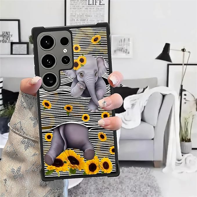 for Samsung Galaxy S24 Ultra Case, Cute Little Elephant Sunflower White Line Art Pattern Graphic Design Soft Silicone Hard Acrylic Shock Protection for Samsung Galaxy S24 Ultra