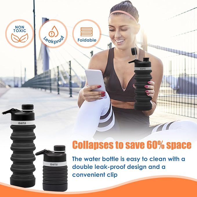 ONTA Collapsible BPA Free Silicone Water Bottle, 20oz - Portable, Leakproof, Easy Clean, Shatter Resistant, Travel Friendly