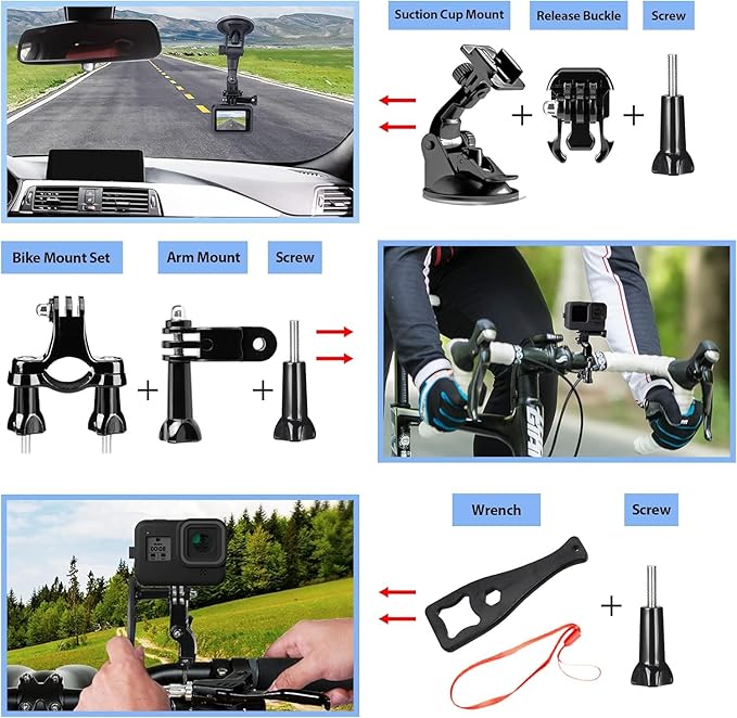 HONGDAK Action Camera Accessories Kit for GoPro Hero 12 11 10 9 Black, Waterproof Housing+Silicone Case+3Way Adjustable Arm+Head Chest Wrist Strap+Bike Mount+Suction Cup+Floating Grip Bundle Set 63in1