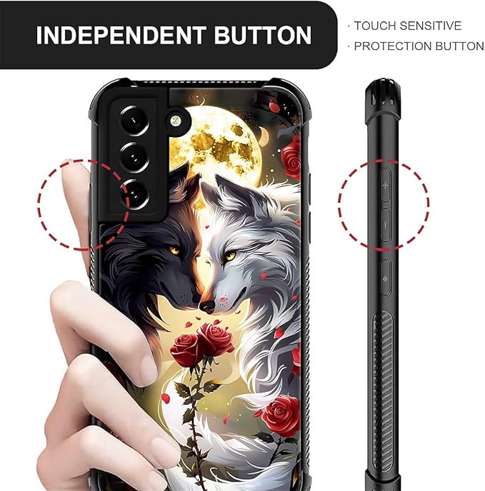 for Samsung Galaxy S22 Case, Black White Wolf Moon Flower Rose Pattern Graphic Design Girl Boy Soft Silicone Hard Acrylic Shock Protection for Samsung Galaxy S22