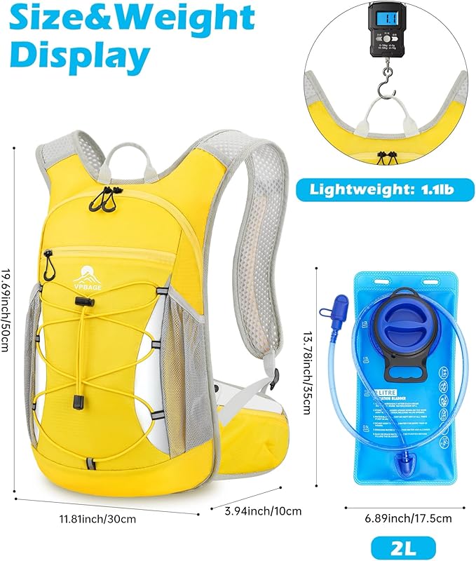 Hydration Backpack with 2L Water Bladder - Lightweight 15L Daypack with Phone-Sized Hip Belt Pockets, Anti-Chafe Cotton Edging & No-Bounce Straps - Small Water Backpack for Hiking, Running, Skiing