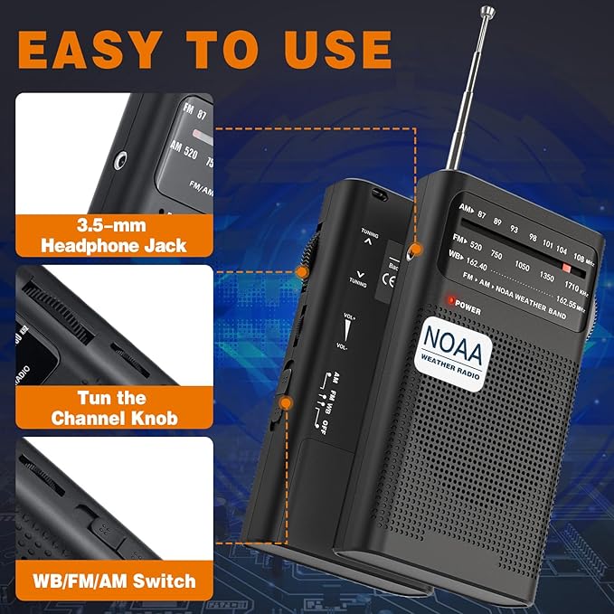 Goodes NOAA Weather Radio, AM FM NOAA Emergency Radio Portable with Best Reception, Headphone Jack, Powered by 2 AA Battery, Transistor Radios Battery-Operated for Emergency, Hurricane, Home(Black)