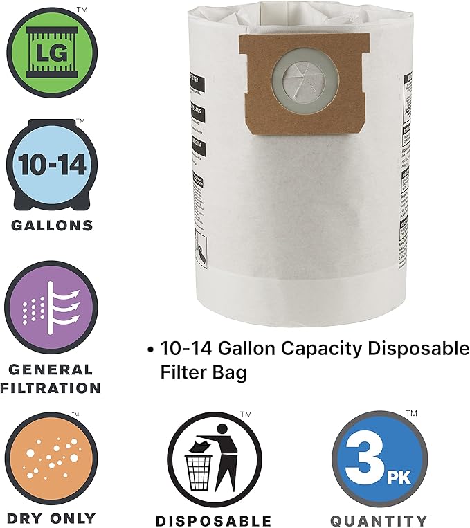 Shop-Vac 9066233 Disposable Filter Bags, Fits 10-14 Gallon Vacs, For Dry Pick-Up Only, Non-Hazardous Materials, (3-Pack)