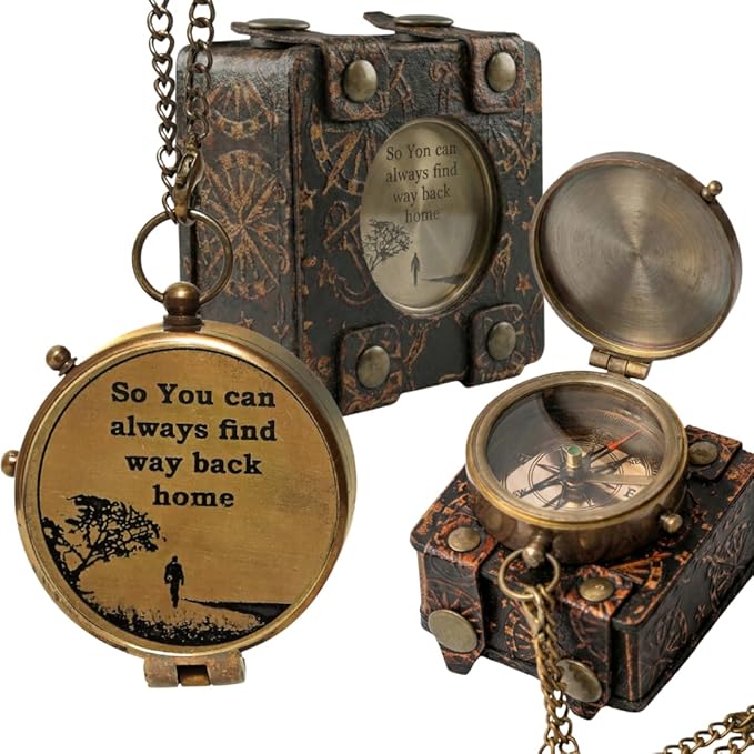 Handmade Brass Antique Compass with Leather Case – Vintage Finish Functional Pocket Navigation Tool for Travel, Hiking & Gift