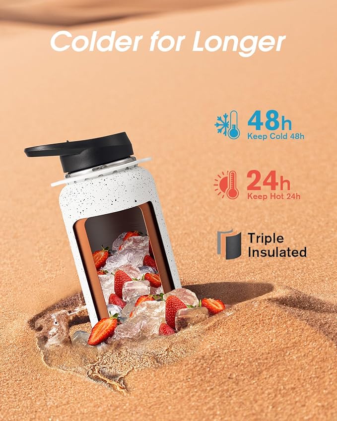 Coolflask Water Bottle with Straw, 32 oz Insulated Metal Water Flask with Straw & Spout Lids, Stainless Steel Double Wall Vacuum, Keep Cold 48h Hot 24h, Leak Proof, BPA-Free, Arctic White
