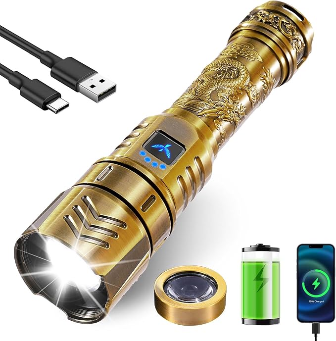 SKYFIRE LED Flashlights High Lumens with Ignition Lens,3000lm Super Bright Rechargeable Flashlight,Zoomable 4 Modes Waterproof Tactical Flash Light for Camping Essentials Outdoor and Home Gift