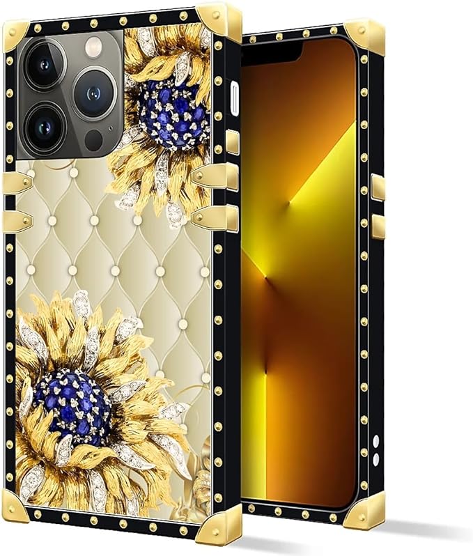 Compatible with iPhone 13 Pro Max Case, Sunflower Diamonds Leather Luxury Golden Decoration for Girl Women Soft TPU Shockproof Protective Hard PC Back for iPhone 13 Pro Max