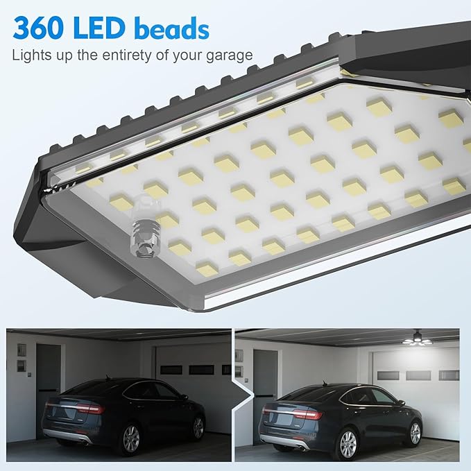 TANBABY 2 Pack LED Garage Lights, 250W Deformable Garage Light Bulb, Total 30000LM 6500K Daylight, 7+1 Adjustable Panels, E26/E27 Screw-in Ceiling Light for Basement