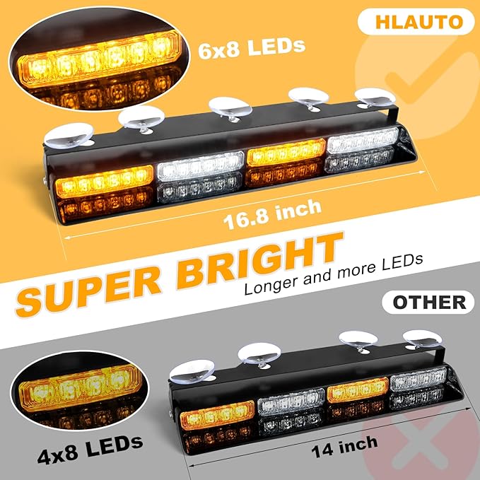 HLauto 6Z4J Emergency Dash Strobe Lights: 2x16.8 inch Amber White Safety Lights, 48 LED Flashing Warning Hazard Interior Windshield Visor Traffic Light Bars for Trucks, Construction Vehicles
