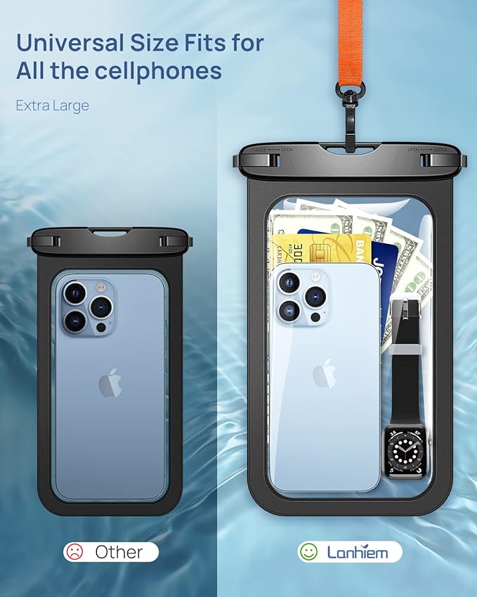 Lanhiem 10.5" Large Waterproof Phone Pouch, 2 Pack Universal IPX8 Waterproof Dry Bag with Lanyard for iPhone 17 16 15Pro Max, Samsung Galaxy S25 S24 Ultra, S25 FE, Pixel 10Pro XL 9A 8 Pro, Black+Black