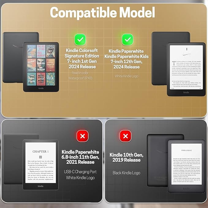 TNP Stand Case with Strap for Kindle Paperwhite 12th Gen 2024 / Kindle Colorsoft Signature Edition - 7" PU Leather Protective Folio Cover with Auto Wake/Sleep & Card Slot, Gold