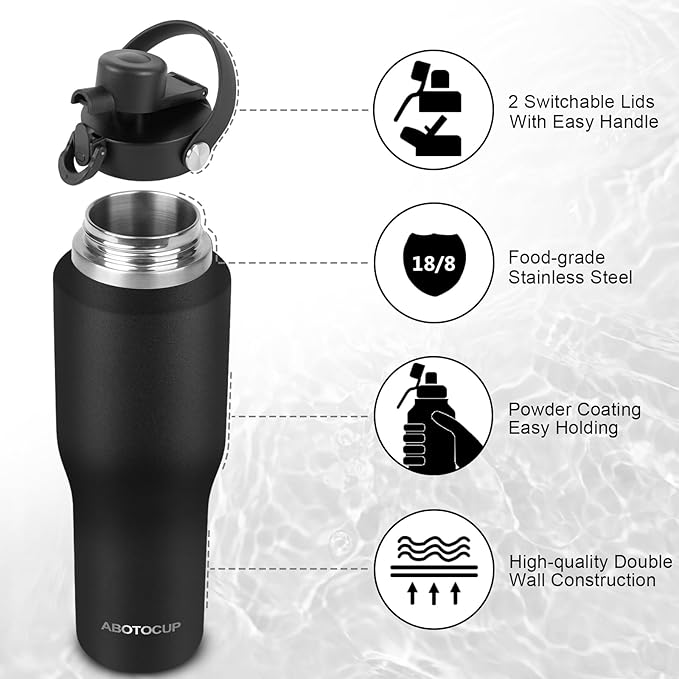 ABOTOCUP 32oz Black Water Bottle Stainless Steel, Keep Cold 24H&Hot 12H, Water Bottle with Straw&Spout Lids, Insulated Water Bottle Double Wall Vacuum, Fit in Any Car Cup Holder, Leak-proof BPA Free