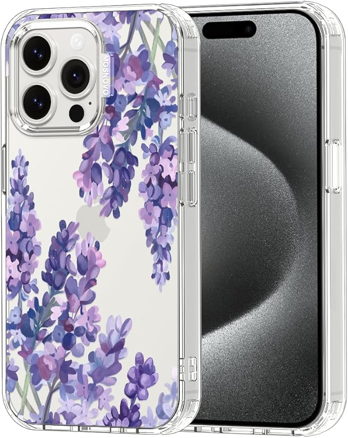 MOSNOVO Case for iPhone 15 Pro Max, [Buffertech 6.6ft Military-Grade Drop Protection] [Anti Peel Off Tech] Clear TPU Bumper Phone Case Cover Design - Lavender