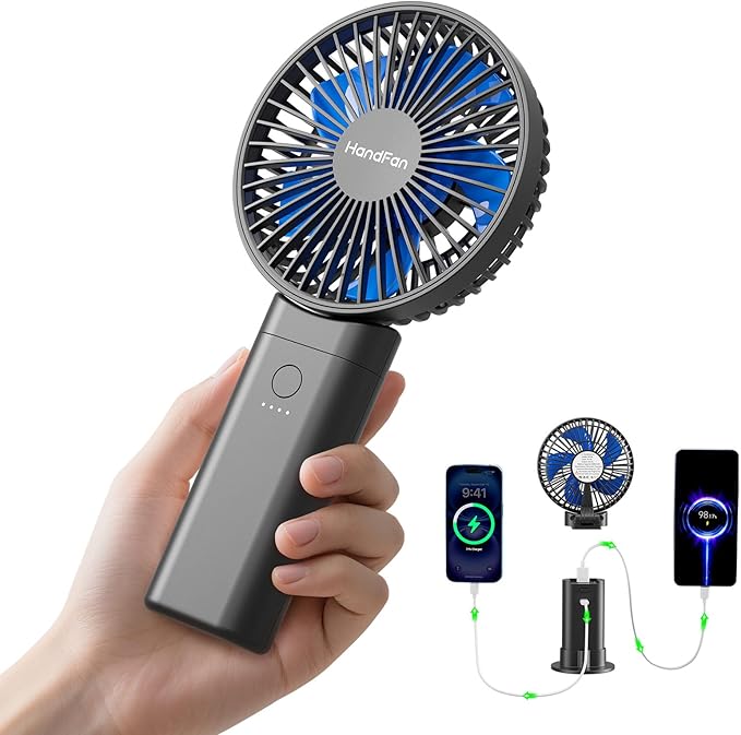HandFan Upgraded 10,000 mAh Quiet Handheld Fan - 4.5 Inch Large Hand Held Fans Reahargeable, 180° Foldable Portable Fan [30 Working Hours] with Lanyard, Base for Disney/Travel/Concerts/Beach/Office