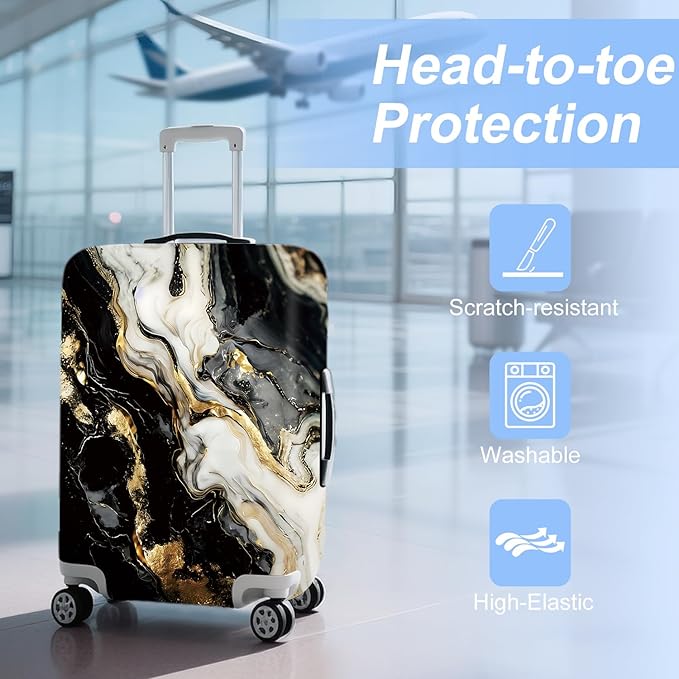 ANNA QUEEN Black White Gold Marble Luggage Cover- Stretchable, Water Resistant & Durable Suitcase Protector, Universal Washable Fit for 20-22 Inch Checked Baggage
