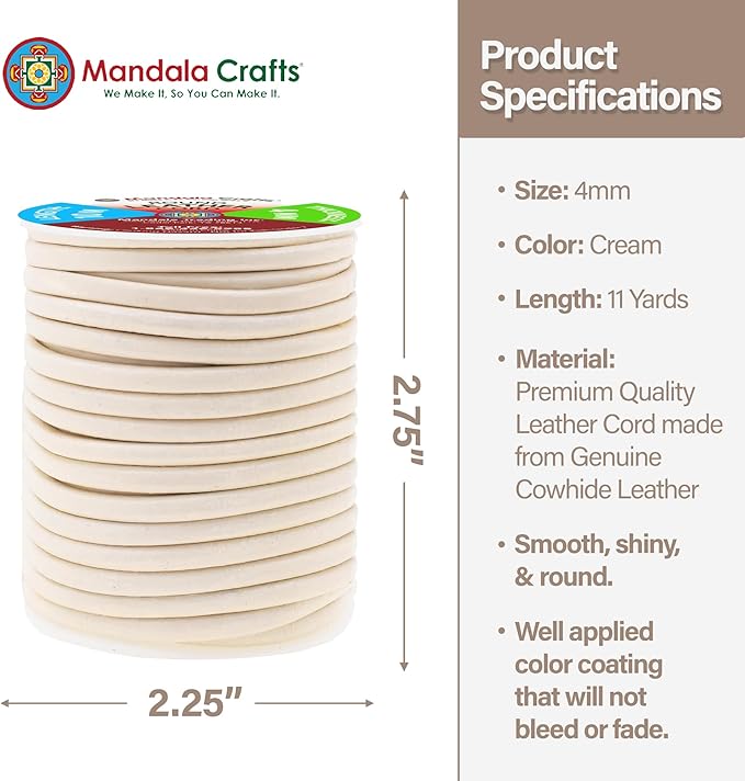 Mandala Crafts Round Genuine Cream Leather Cord for Jewelry Making – 4mm Cowhide Leather Rope String Lace for Kumihimo – 11 Yards Cowhide Craft Cording Spool