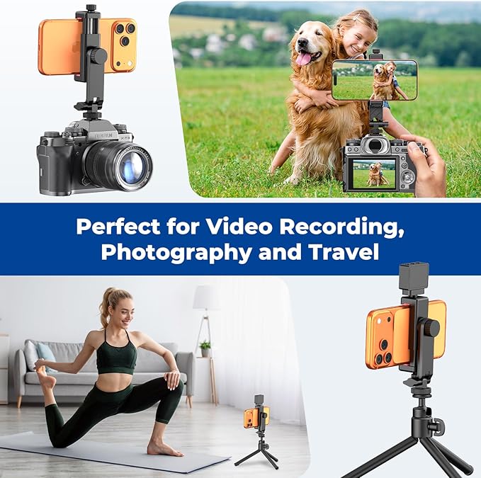 Ruittos Phone Tripod Mount with Remote Controller, New Universal Smartphone Mount Adapter with Cold Shoe, 360° Rotates Cell Phone Clip Clamp Holder, Compatible with iPhone, Samsung and All Phones