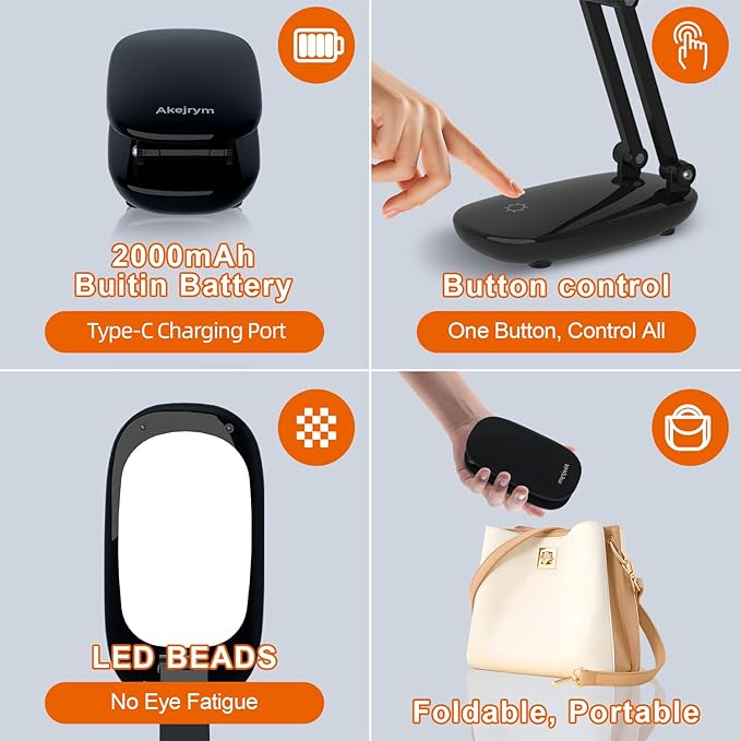 Akejrym LED Desk Lamp for Office Home & Battery Operated Lamp Rechargeable Lamp Foldable & Portable Light, [2-Fold Bracket] 3 Brightness Dimmable Small Desk Lamp Wireless Reading Lamp (Black)