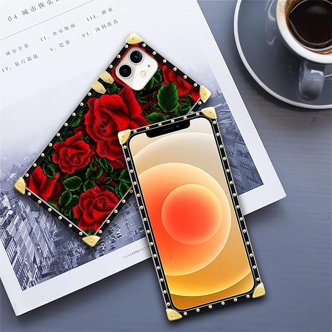 Compatible with iPhone 11 Case, Vector Red Rose Green Leaf Luxury Golden Decoration for Girl Women Soft TPU Shockproof Protective Hard PC Back for iPhone 11