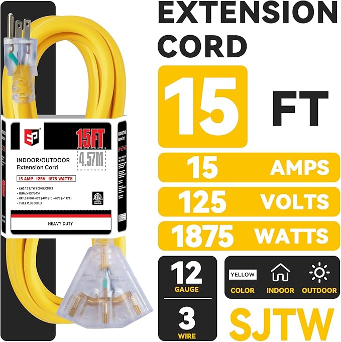 EP 15 Ft 12 Gauge Heavy Duty Extension Cord, 15A 125V 1875W, 3 Outlet Indoor/Outdoor Power Cord with Lighted End, 12/3 SJTW Weatherproof Yellow, UL Listed