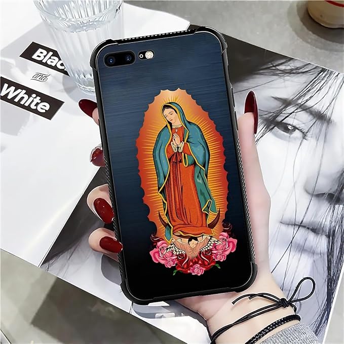 Case for iPhone 7 Plus/8 Plus, Red Virgen Guadalupe Pattern, Soft Silicone Hard Acrylic for Shock Protection