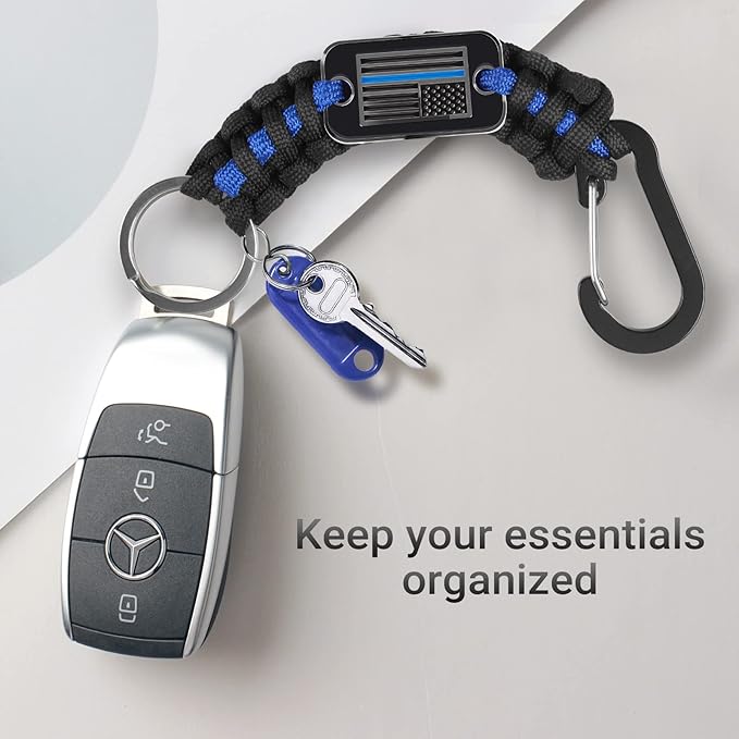 Short Thin Blue Line Paracord Keychain Neck Lanyard for Keys with Cool USA Flag Men Women