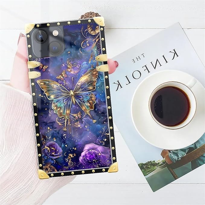 Compatible with iPhone 13 Case, Glistening Golden Butterfly Vibrant Purple Blue Luxury Golden Decoration for Girl Women Soft TPU Shockproof Protective Hard PC Back for iPhone 13
