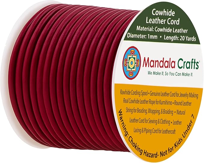 Mandala Crafts Round Genuine Burgundy Leather Cord for Jewelry Making – 1mm Cowhide Leather Rope String Lace for Kumihimo – 20 Yards Cowhide Craft Cording Spool