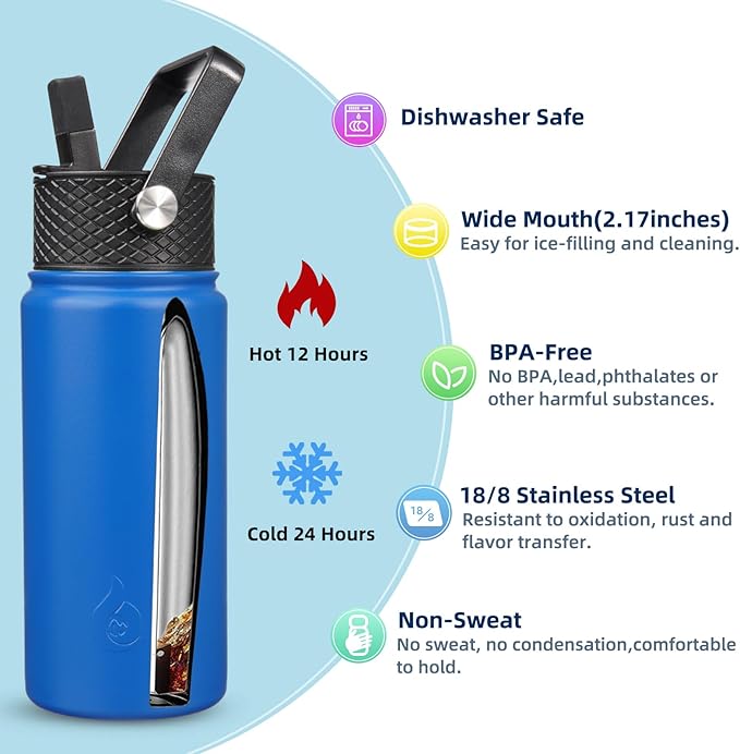 BJPKPK Insulated Water Bottles with Straw Lid, 18oz Stainless Steel Metal Water Bottle, Cold Hot Thermo with 3 Lids, Leak Proof BPA Free Travel Cup, Wide Mouth Flasks, Thermo -Sapphire