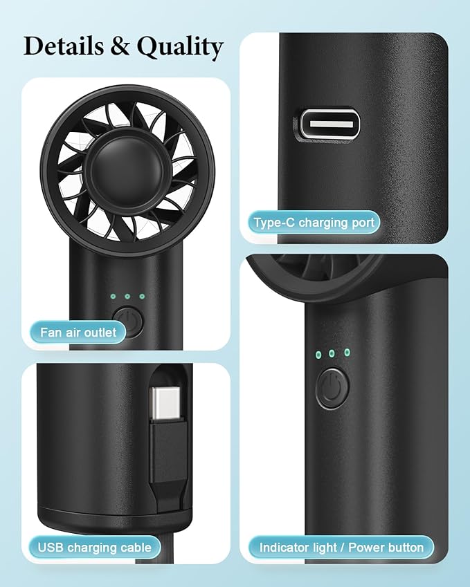Portable Handheld Fan with Power Bank(High-Speed),3 IN 1 USB Rechargeable Mini Personal Fan with Flashlight,Small Size for Outdoor/Travel/Beach/Concerts/Summer.Gifts for Girl,Women.Black