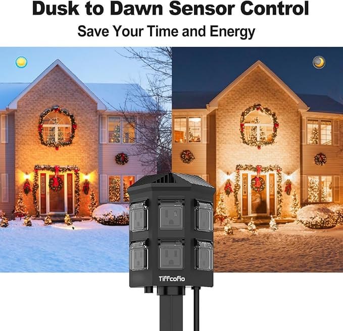 TiFFCOFiO Outdoor Power Strip Timer, Dusk to Dawn Light Sensor Countdown, 15 Feet Extension Cord Waterproof, 6 Grounded Outlets for Halloween and Christmas Decorations, ETL Listed