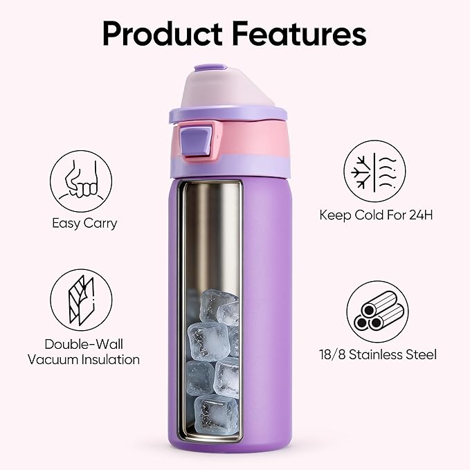 Fijinhom 24 oz Insulated Water Bottle with 2-in-1 Straw and Spout Lid, Stainless Steel Double Wall Vacuum Flask, Sports Water Bottle Keeps Cold 24H, Leak Proof for Gym, Outdoor, Travel (Purple)