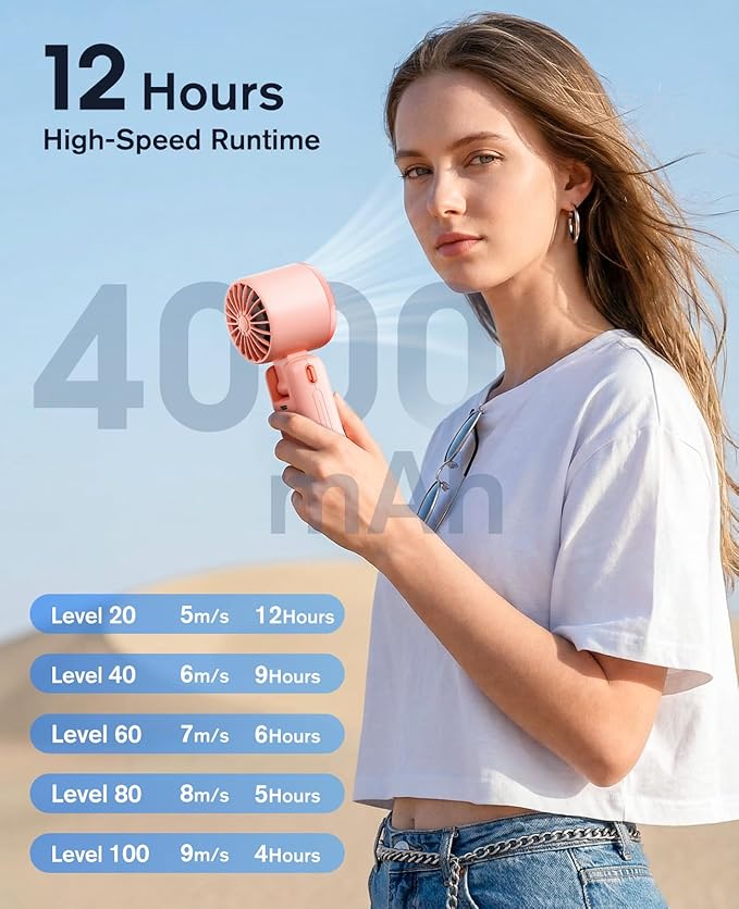 WHATOOK Portable Personal Handheld Fan: High Speed Cooling Fan, 12 Hours Battery Life, USB Rechargeable, Small Essentials for Women Cruise Travel, Beach Vacation (Pink)