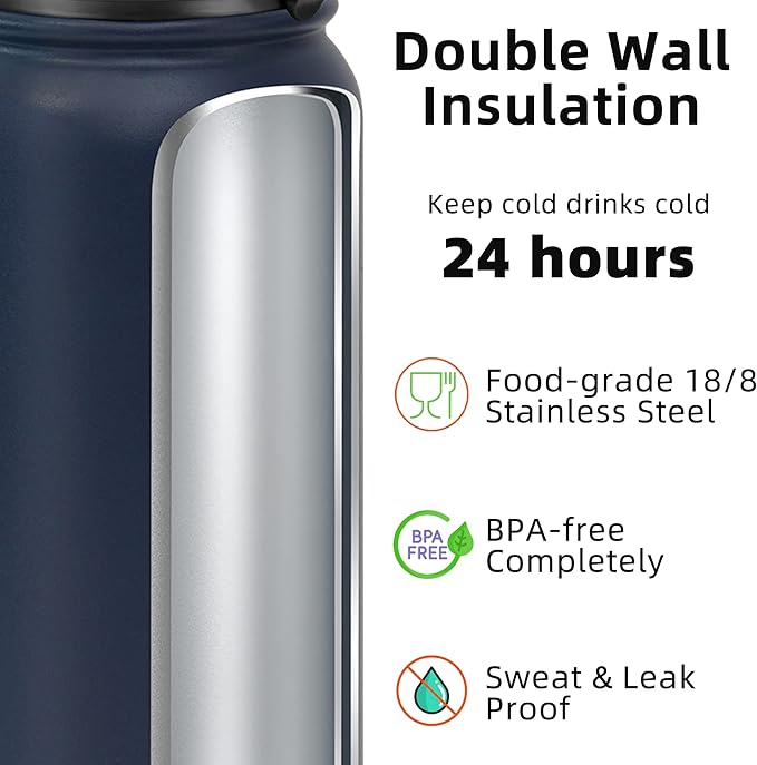 Fanhaw 20 oz Insulated Stainless Steel Water Bottle with Straw Lid, Leakproof & Anti-Dust Sports Bottle for Kids, Women & Men (Navy Blue)