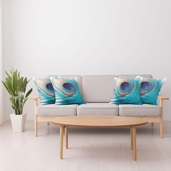 Ambesonne Feather Throw Pillow Cushion Case Pack of 4, Close up Pattern of Peacock Fluff in Vibrant Tones Natural Wildlife Theme Print, Modern Accent Double-Sided Digital Printing, 20", Aqua Cream